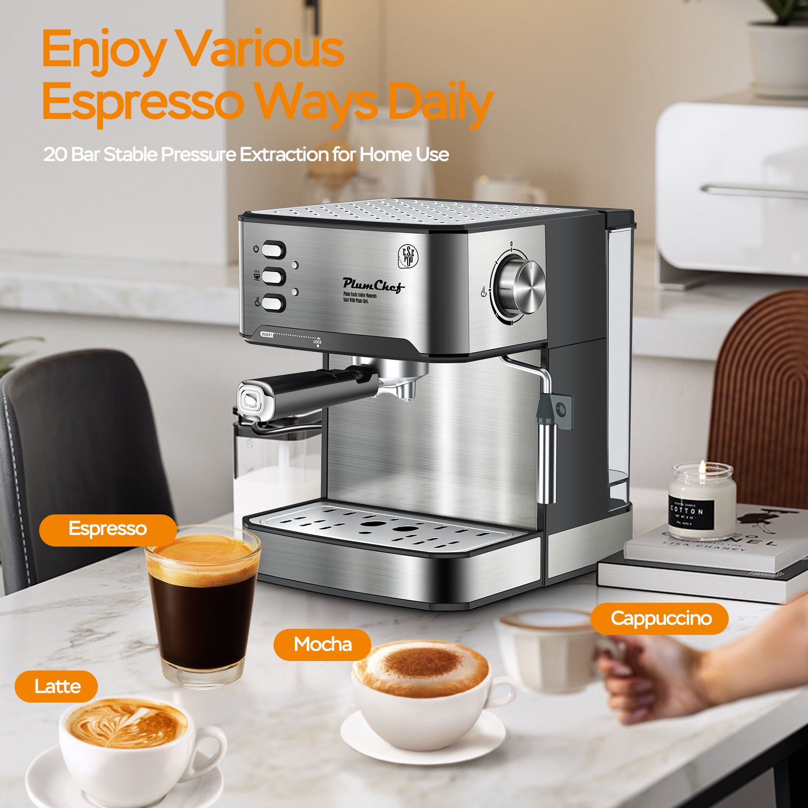 20 Bar Espresso Machine with milk frother, pressure gauge, removable tank & ESE pod compatibility. Brew cappuccino, latte & macchiato like a barista at home.