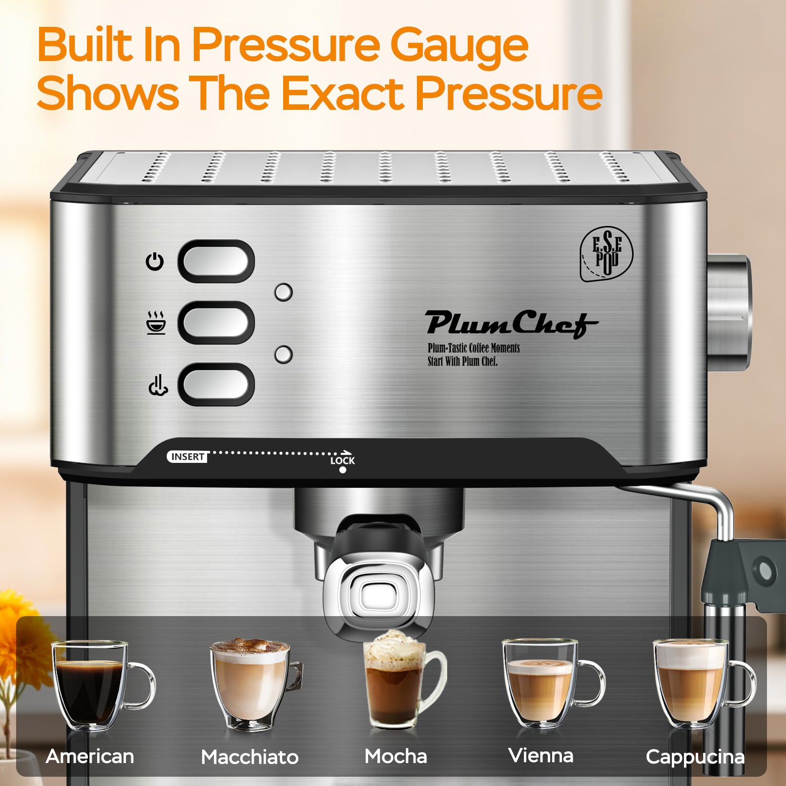 20 Bar Espresso Machine with milk frother, pressure gauge, removable tank & ESE pod compatibility. Brew cappuccino, latte & macchiato like a barista at home.