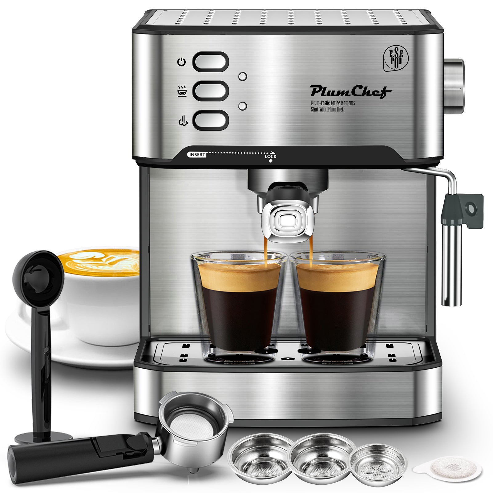 20 Bar Espresso Machine with milk frother, pressure gauge, removable tank & ESE pod compatibility. Brew cappuccino, latte & macchiato like a barista at home.