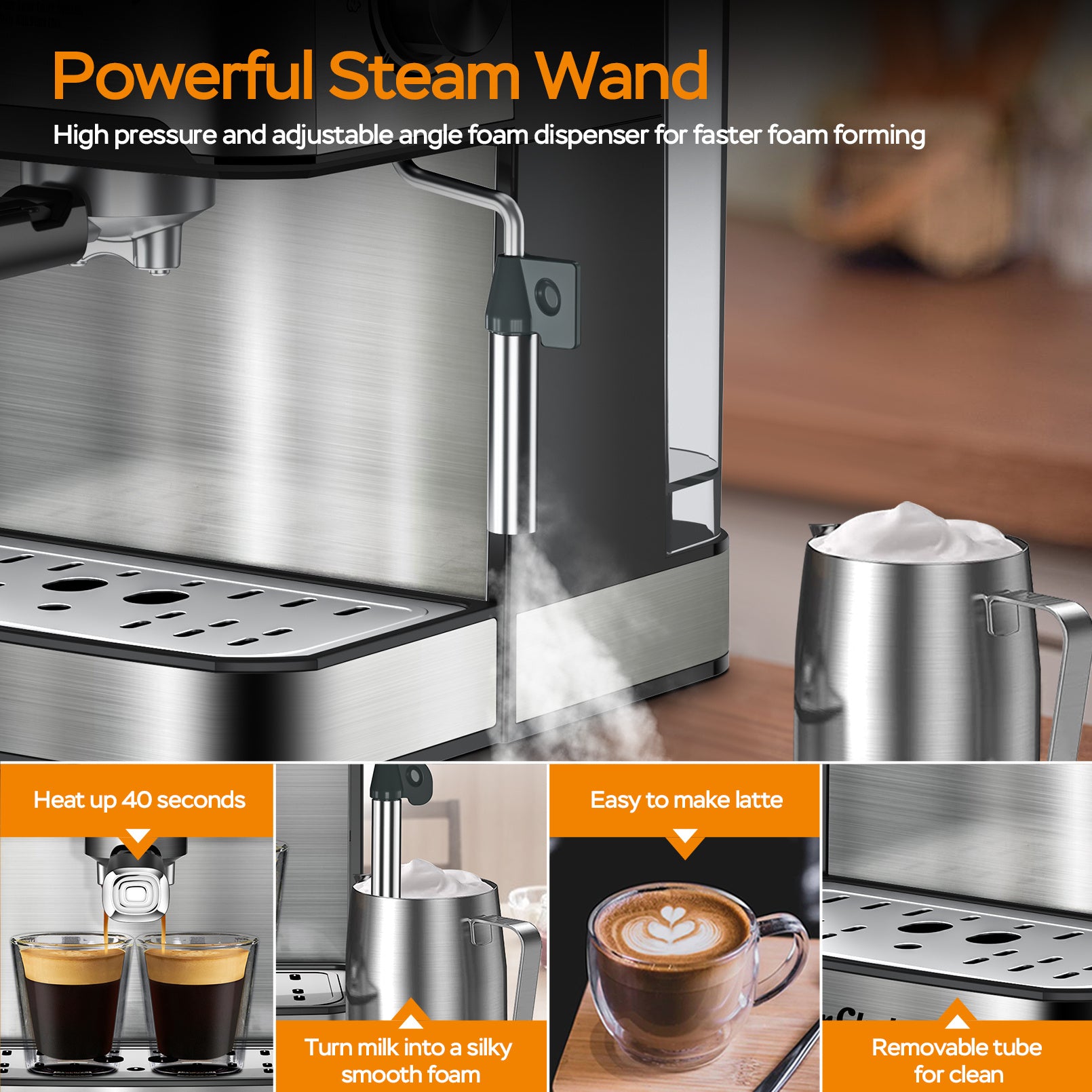 20 Bar Espresso Machine with milk frother, pressure gauge, removable tank & ESE pod compatibility. Brew cappuccino, latte & macchiato like a barista at home.
