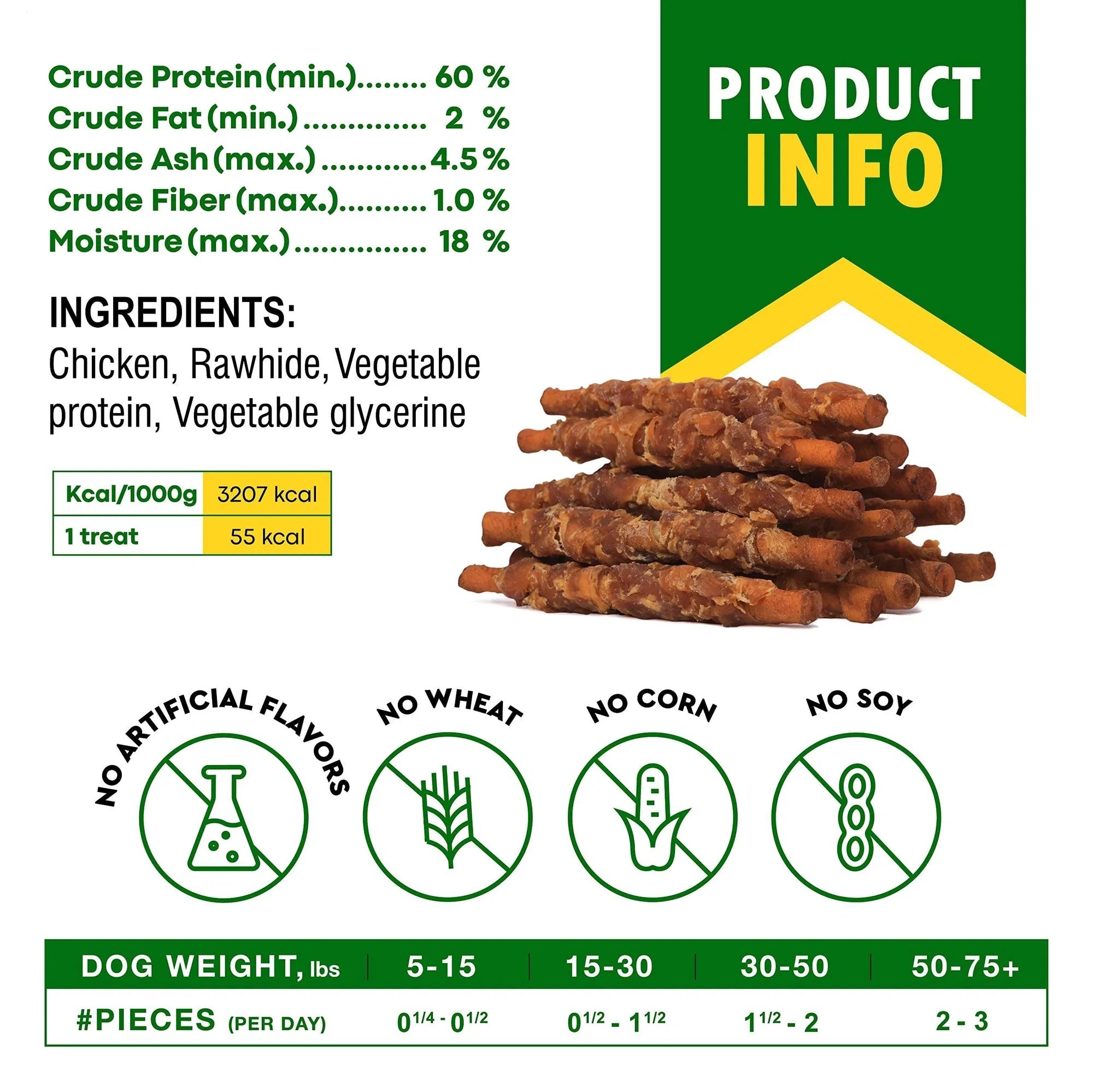Smoked rawhide sticks wrapped in chicken, grain-free & organic dog treats. Healthy, human-grade chew snacks for pets. Bulk dried meat sticks for dogs.