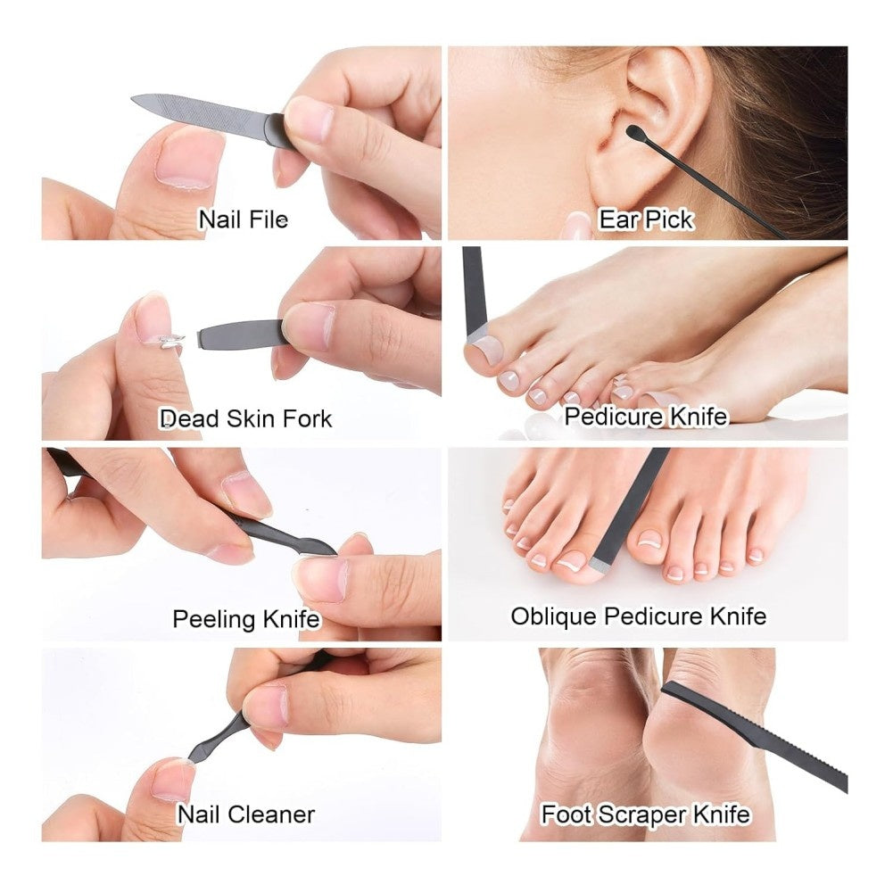 All-in-one 18-piece manicure & pedicure kit with nail clippers, trimming tools, and grooming accessories for professional or home use.