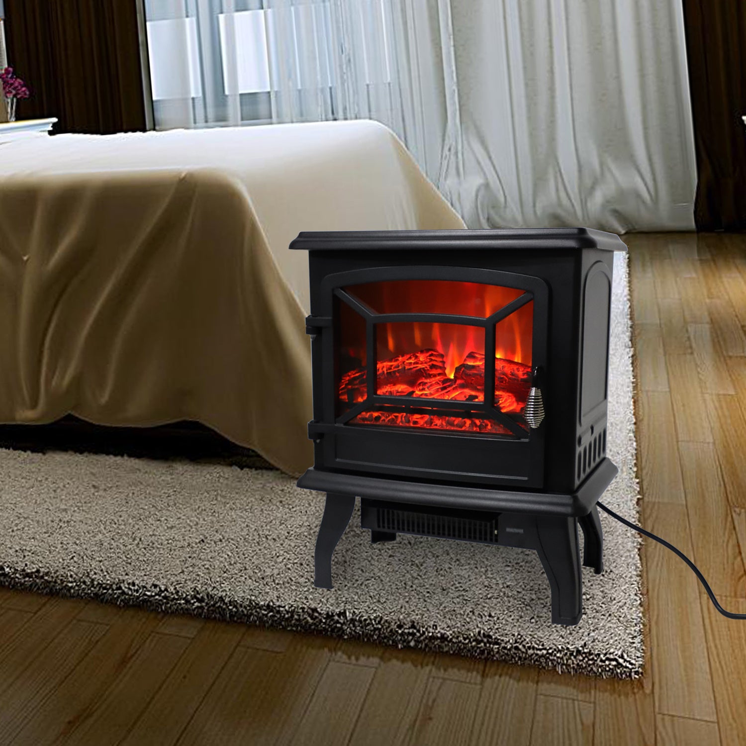 17in Electric Fireplace Heater 120V 1400W, black iron sheet, freestanding with realistic fake firewood & heating wire. Stylish, safe & cozy home heating.
