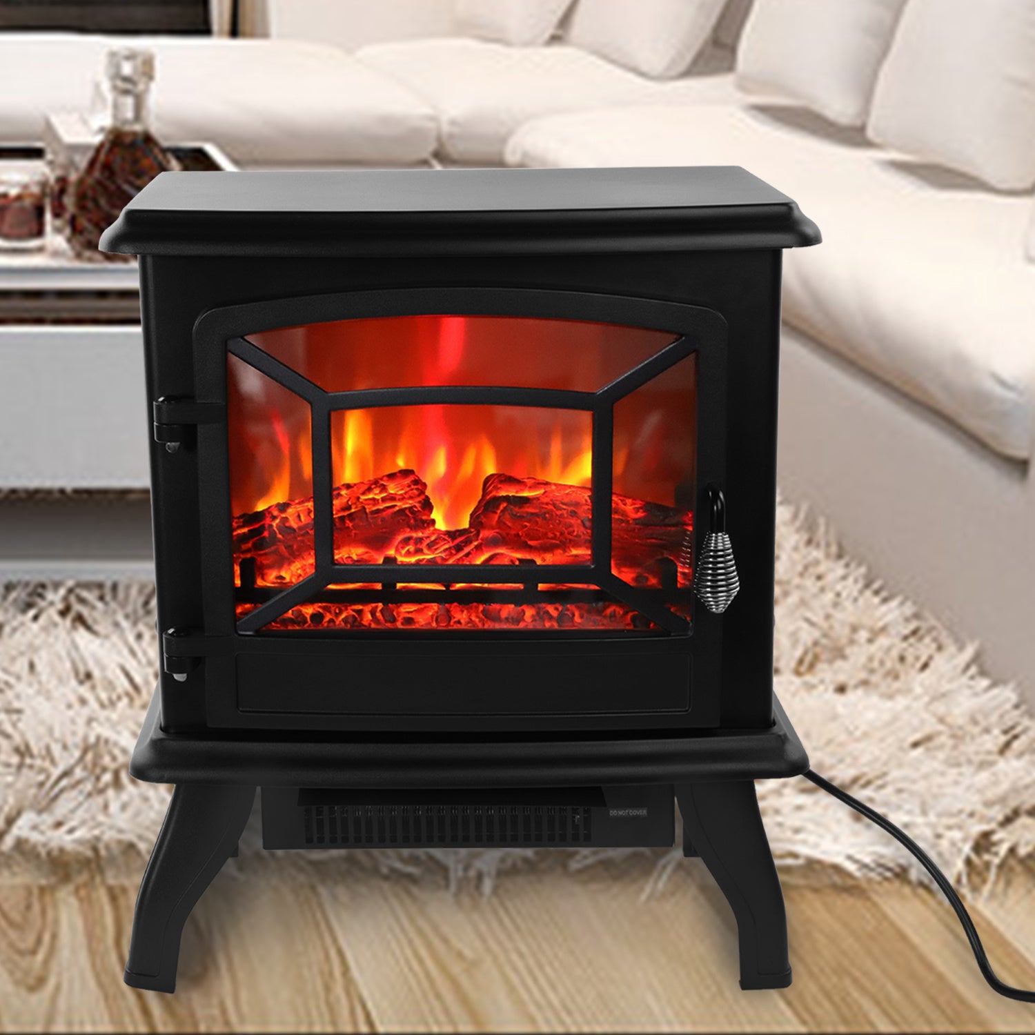 17in Electric Fireplace Heater 120V 1400W, black iron sheet, freestanding with realistic fake firewood & heating wire. Stylish, safe & cozy home heating.