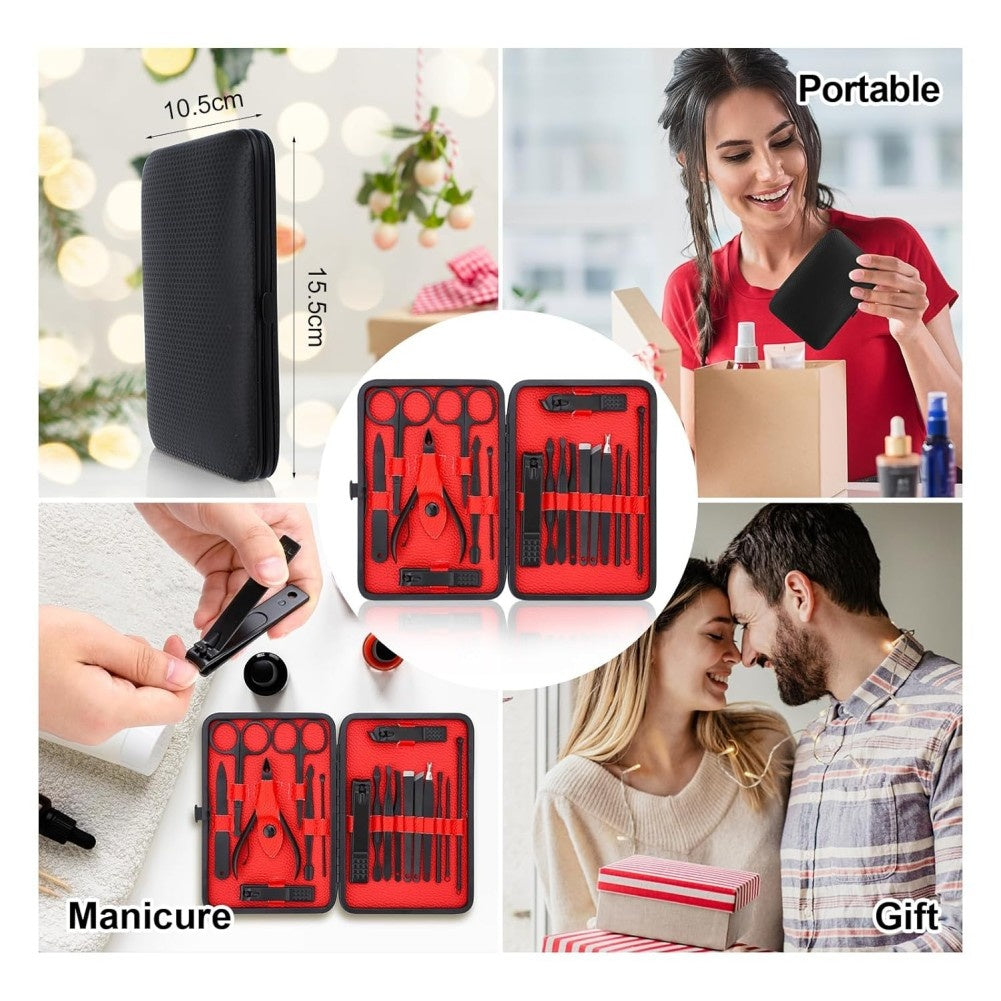 All-in-one 18-piece manicure & pedicure kit with nail clippers, trimming tools, and grooming accessories for professional or home use.
